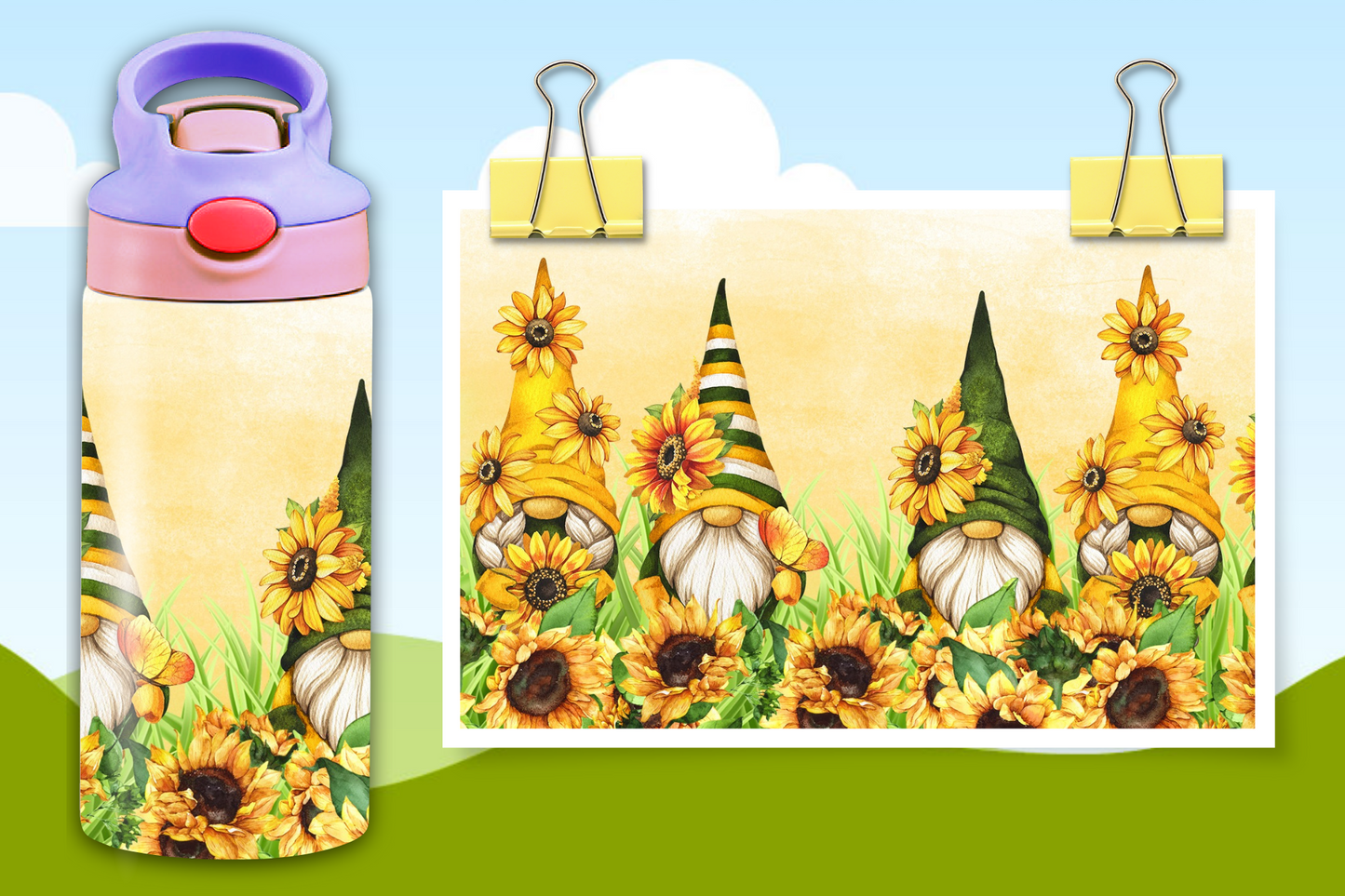 12 oz Sunflowers and Gnomes Water Bottle