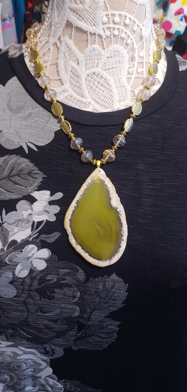 Olive Green Agate Slice Gold Bead Necklace