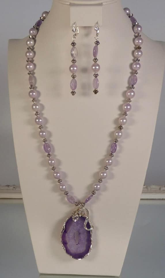 Purple Agate & Pearl Necklace & Earring Set