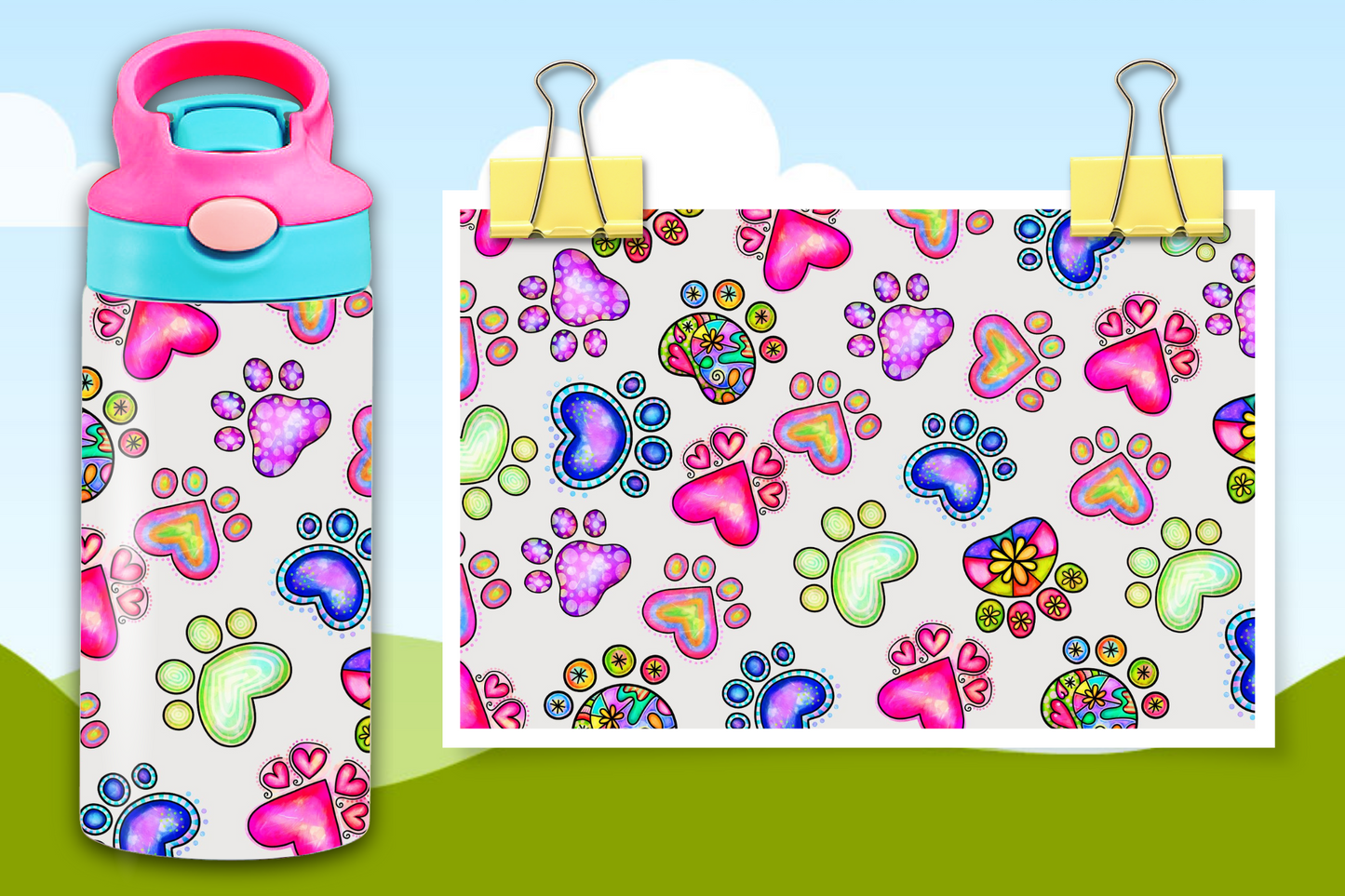 12 oz Rainbow Paw Print Water Bottle