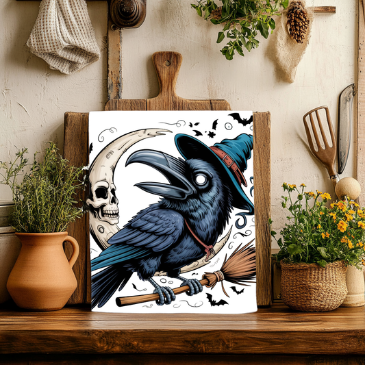 Skull Moon and Raven Dish Towel