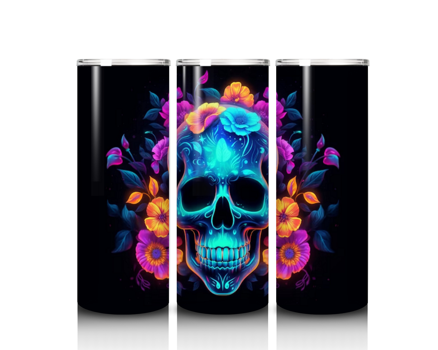 Blue Skull Surrounded by Flowers on a Black Background Tumbler
