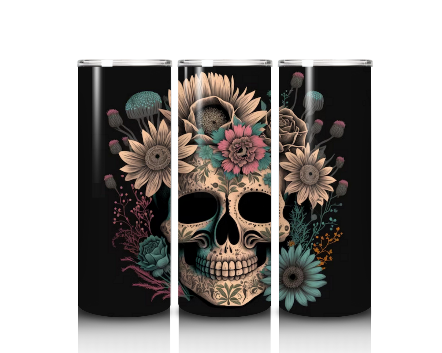 Sugar Skull with Flowers on a Black Background Tumbler