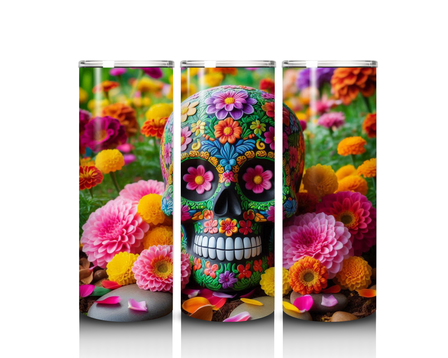 Bright Floral Skull in a Field of Flowers Tumbler