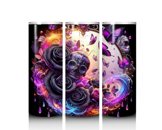Black Skull with Purple Butterflies Tumbler
