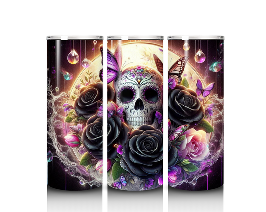 Sugar Skull with Black Roses and Butterflies Tumbler