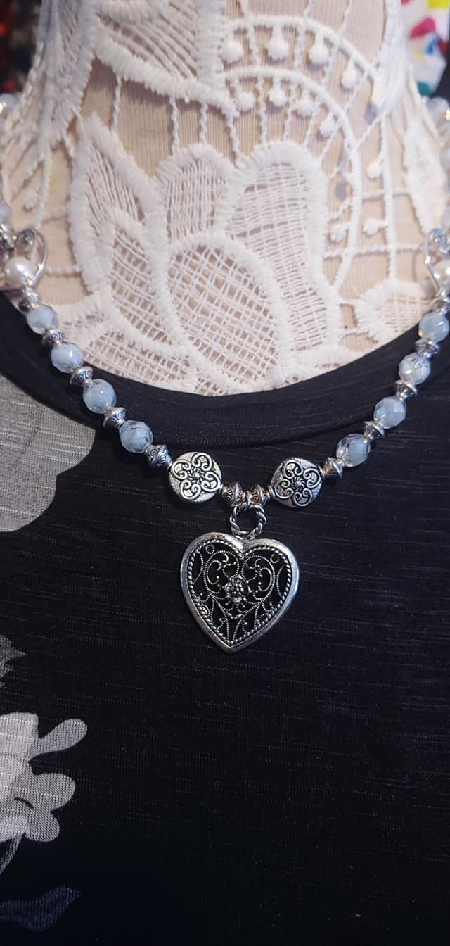 Silver Filigree Heart Pendant Aqua Bead Necklace