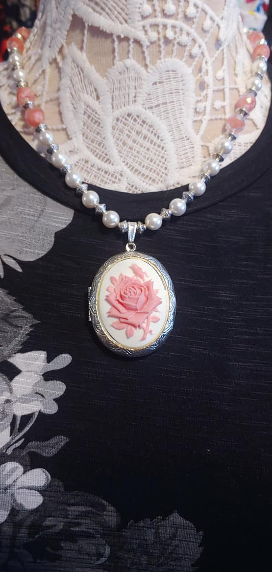 Pink Rose Cameo Locket Pearl Necklace