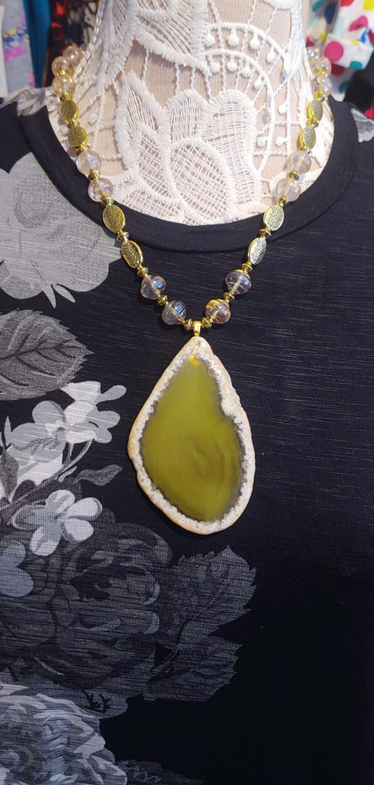 Olive Green Agate Slice Gold Bead Necklace