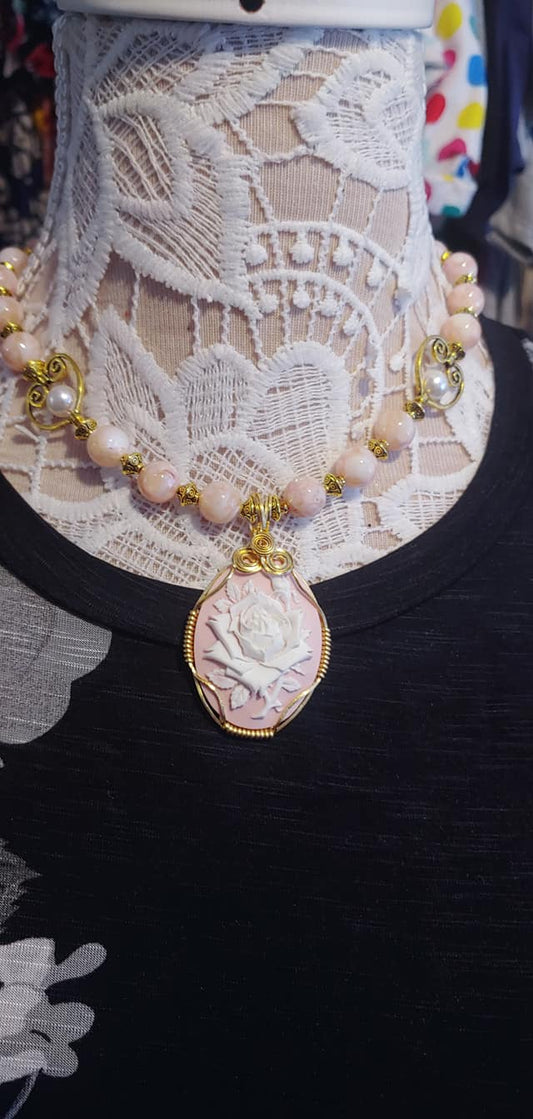 Blush Rose Cameo Gold Wire-Wrapped Choker