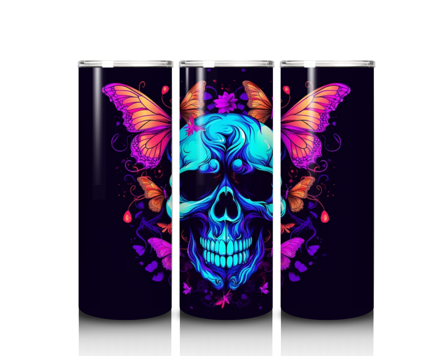 Blue Skull with Purple and Orange Butterflies Tumbler